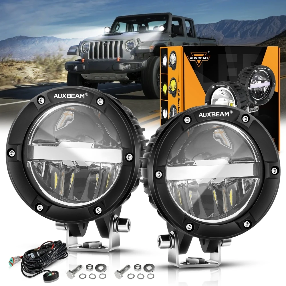

AUXBEAM 4 inch Round LED Light Pods with Wire Harness White Driving Work Lamp Hi/Lo/Combo Beam for Offroad Truck SUV 4WD ATV
