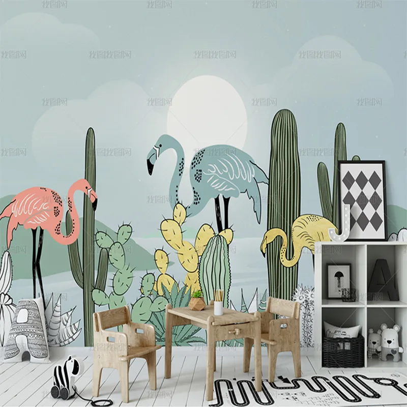 Customized products 3D Nordic small fresh tropical plant Flamingo cactus TV background wall wallpaper mural living room bedroom