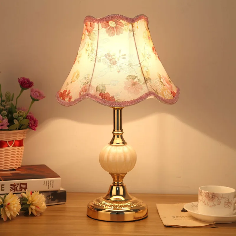 European Style Glass Table Lamp for Bedrooms Nordic Bedside Lamp Modern Retro Wrought Iron Base with Cloth Shade