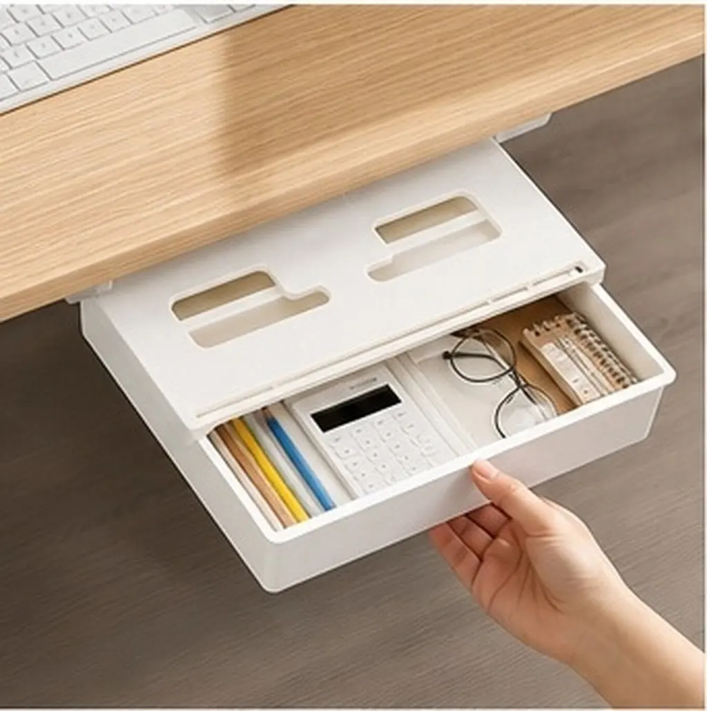 1Pcs Desk Bottom Storage Box White Size M ABS PP Material Hidden Drawer Organizer Office Table Sundries Holder Clean Dustproof