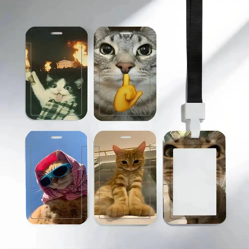 Funny Cute Cat Clear ID Card Holder Lanyard Neck Strap Badge Case Door Credit Card Protector Daily Gift