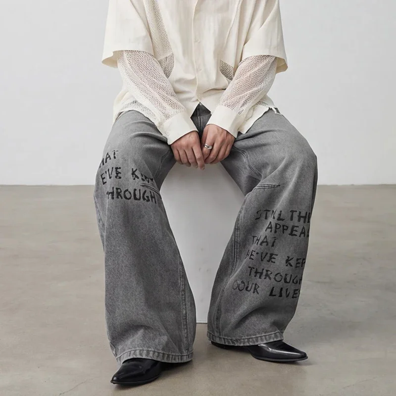 American Style Letter Graffiti Print Men's Jeans Vintage Straight Loose Draped Floor Length Pants Denim Trousers