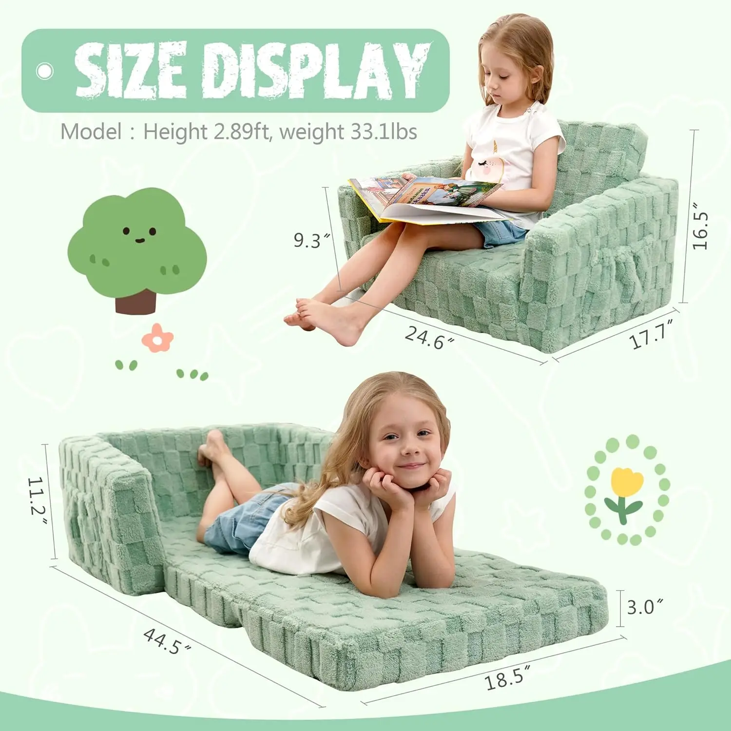 Kids Sofa,Toddler Chair,2-in-1 Flannel Kids Fold Out Couch,Toddler Convertible Sofa to Lounger, Flip Open Toddler Couch