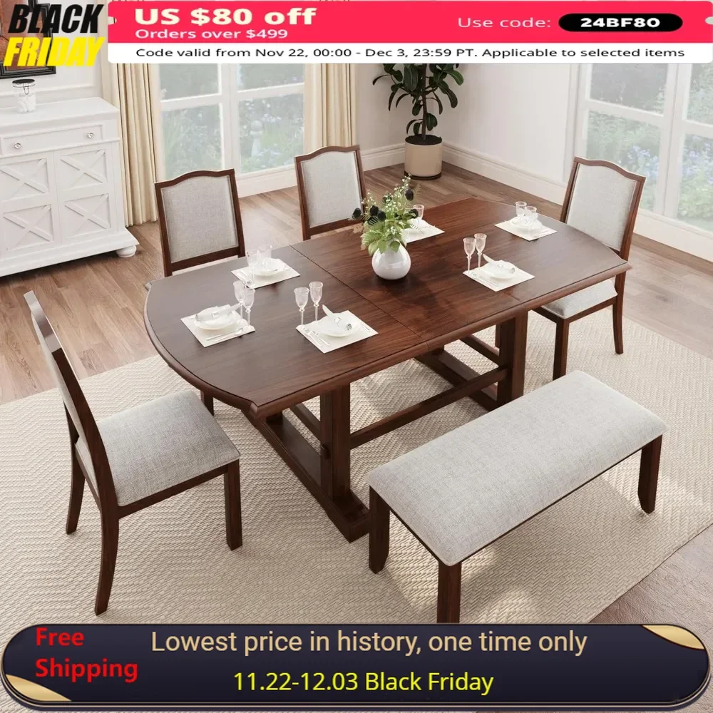 6-Piece Dining Table Set, Extendable Wood Table with 18-inch Removable Leaf, 4 Upholstered Chairs and Bench, Dining Table Set