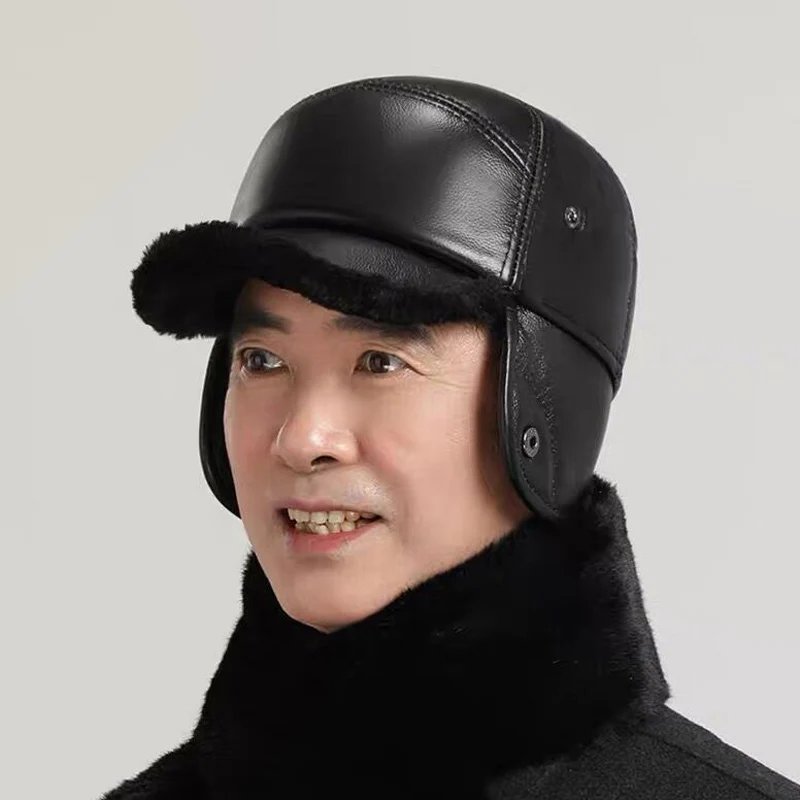 Sombrero De invierno 2024 para Hombre, sombreros De bombardero De piel De vaca gruesos De Cuero auténtico con orejas, sombreros cálidos para papá, Sombrero De Cuero Del Hombre
