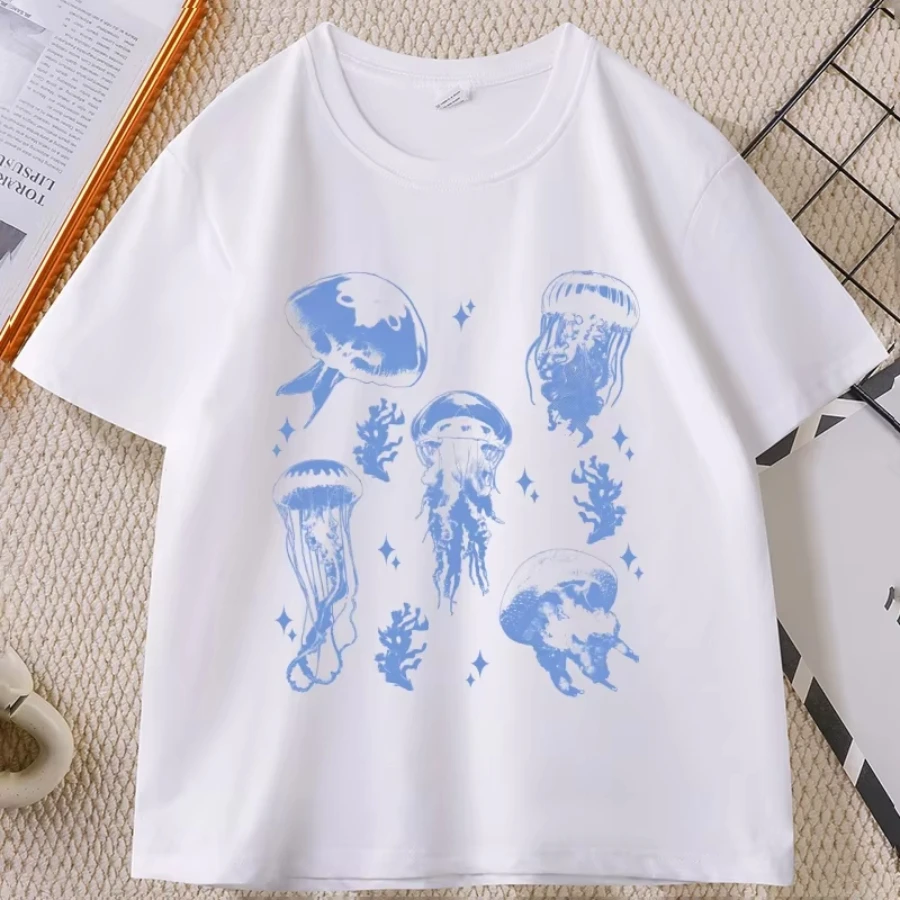 Vintage Jellyfish T-Shirt Summer Ocean Tee Sea Creature Top Casual Round Neck Printed, Vintage, Unisex Men's Women's