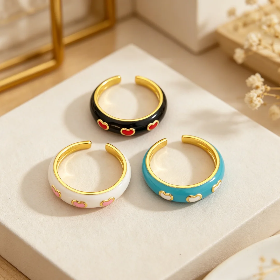 2 Pieces Enamel Heart Pattern Open Rings Copper Gold Plated New High End Vintage Round European American Style Elegant Jewelry