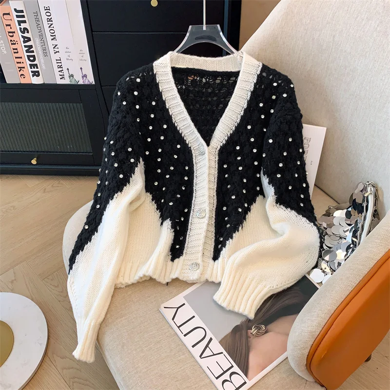 

Women V-Neck Patchwork Cardigan Sweater Luxury Long Sleeves Cashmere Sweater 90s Vintage Y2k 2000s Fashion Clothes Autumn Winter