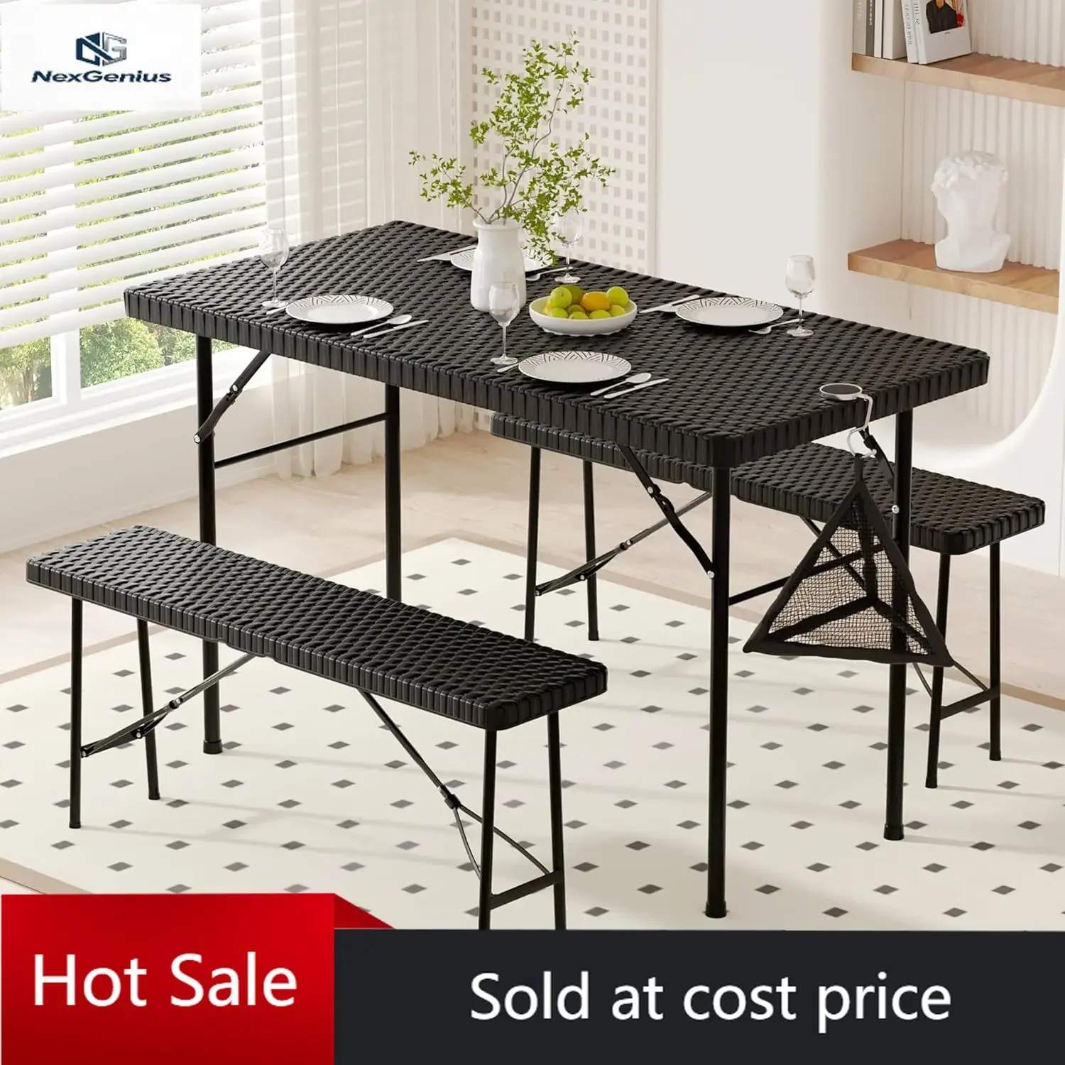 

Dining Table Set for 4, Faux Rattan Card Folding Dinette for Small Space with 2 Benches, Kitchen/Breakfast Nook/Living Room, No