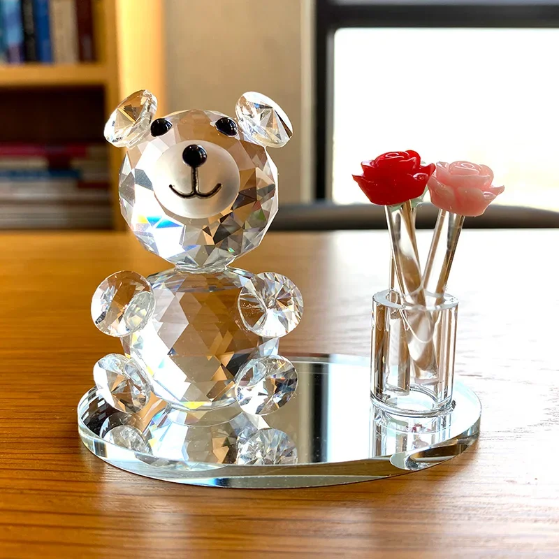 

Crystal Bear with Flower Craft Paperweight Glass Animal Figurine Beautiful Ornament Handmade Small Miniature Home Table Decor