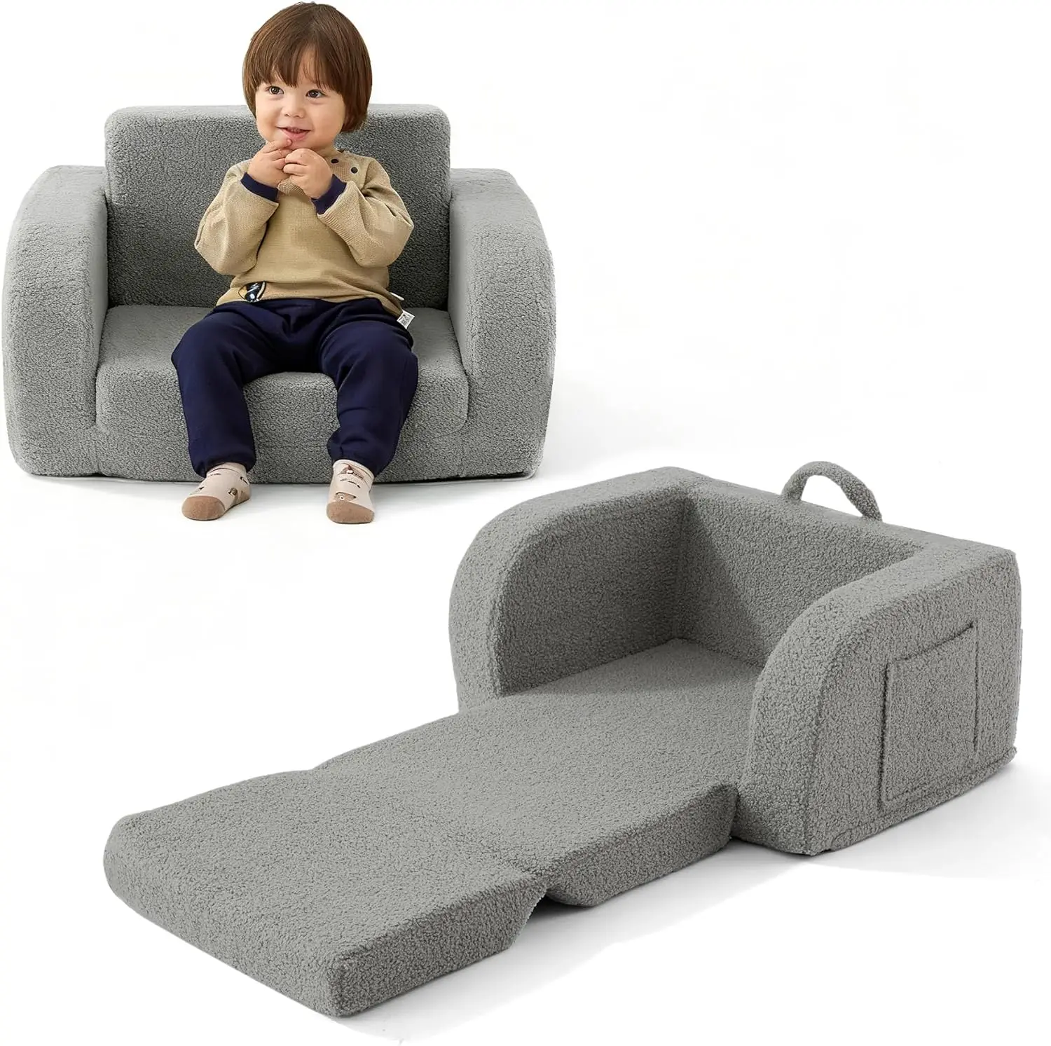 

Convertible Toddler Couch & Lounge Chair for Kids 1-3 Years, Soft Grey Foldable Sofa Bed for Play Reading Rest