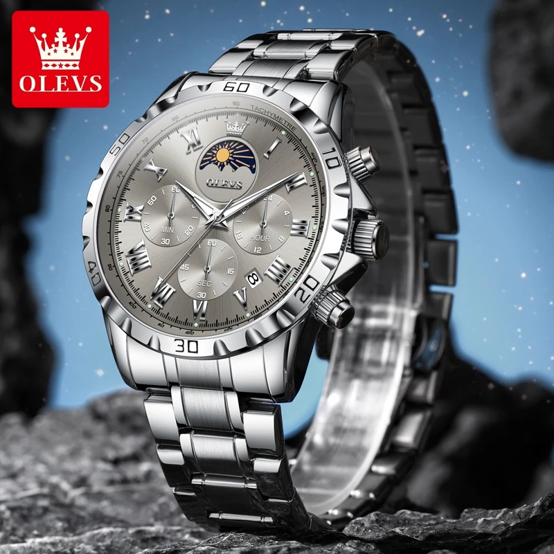 OLEVS-Relógio quartzo impermeável masculino com pulseira de couro, relógios de pulso clássicos, fase lunar, escala romana, original, moda