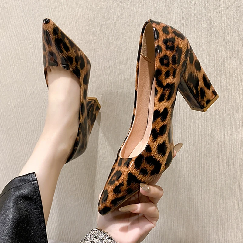 Women\'s Leopard Print Pumps Pointed Toe Slip On High Heels Shoes for Women 2024 Fashion Thick Heeled Dress Shoes Woman Plus Size