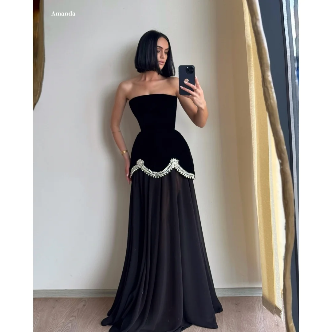 

Черное блестящее платье для выпускного вечера Amanda по индивидуальному заказу, без бретелек, с открытой спиной, без рукавов, длиной до пола, торжественное вечернее платье 2025