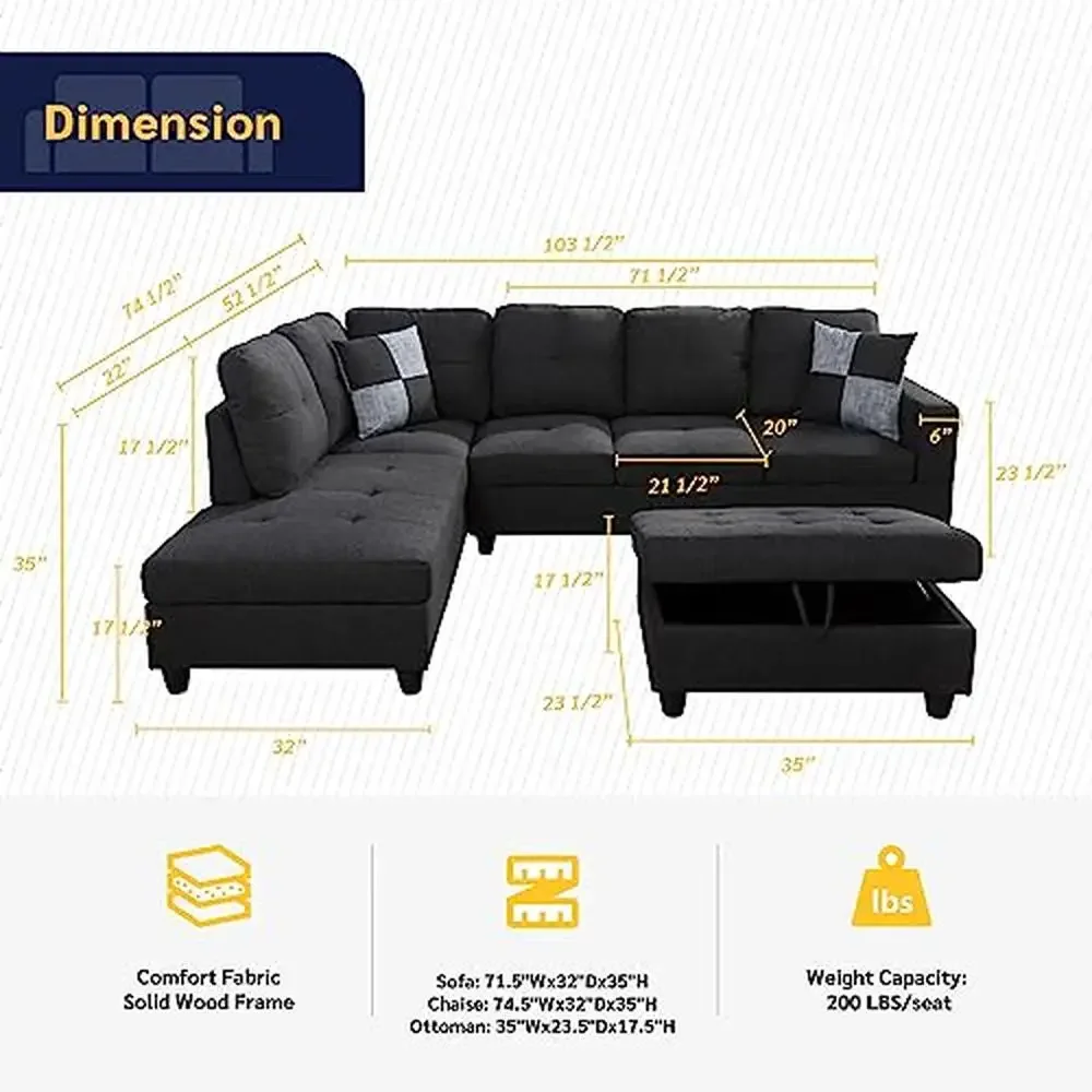 Modern L-Shape Sectional Sofa Set Black Grey Easy Install Supportive High Quality Foam