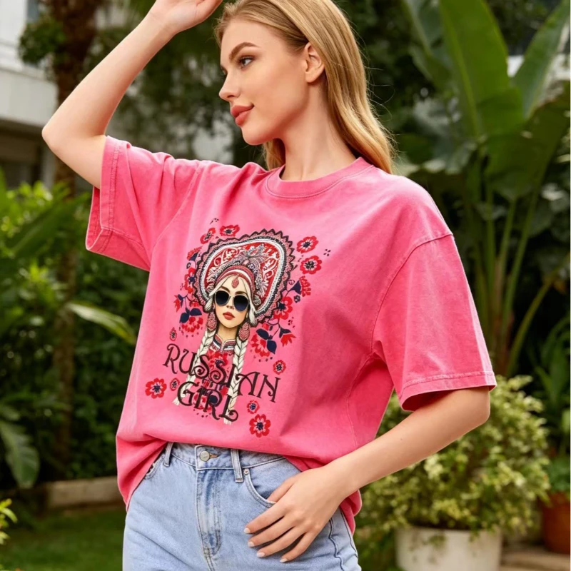 Vintage Russian Girl Pink Graphic Washed Oversized T-Shirt Folk Art Print O-Neck Tee Retro Streetwear Women Sweet Lady Футболка