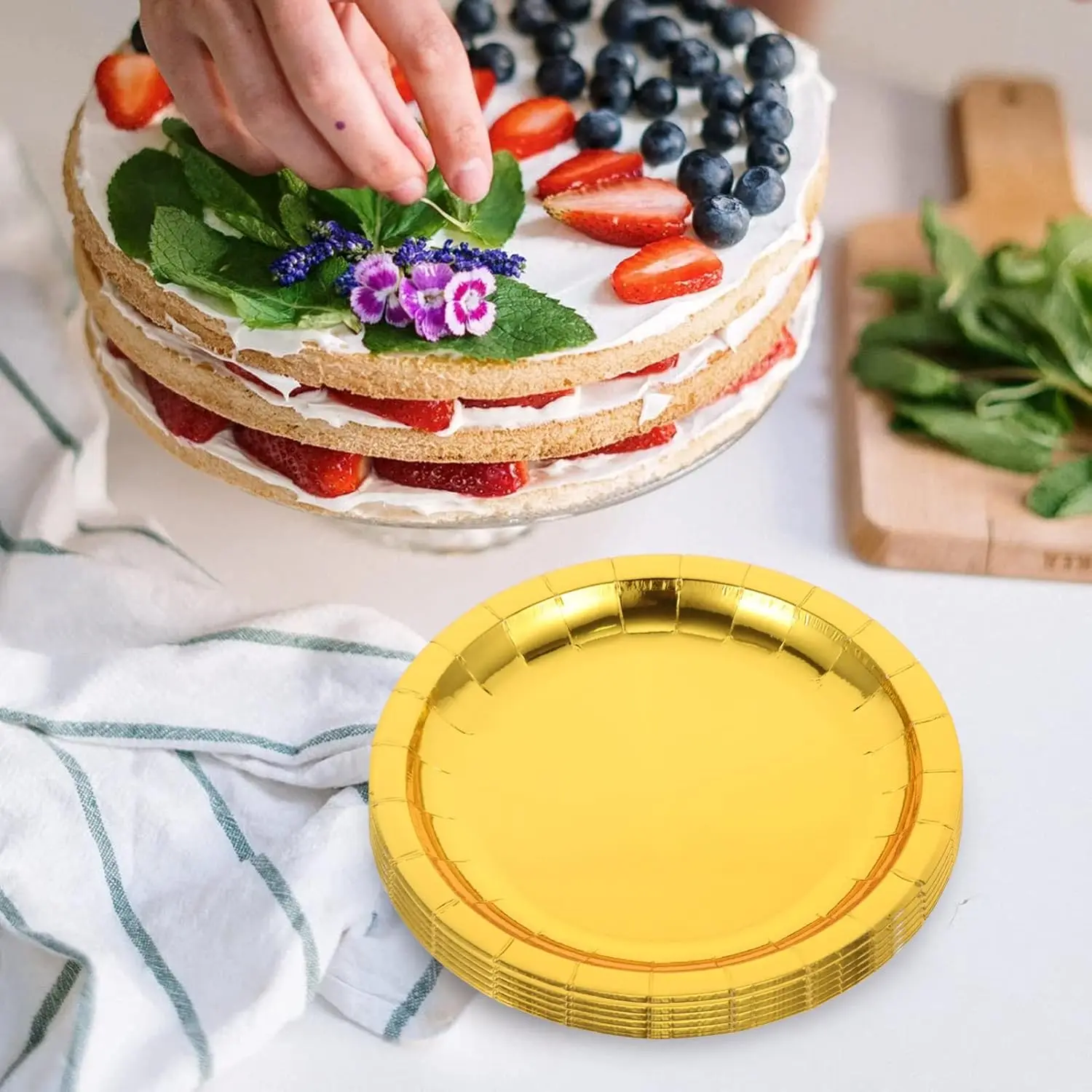 10 people Gold Disposable Paper Plates Cups Straw napkins cakestand Tableware Sets for Adult Kids Birthday Party Supplies