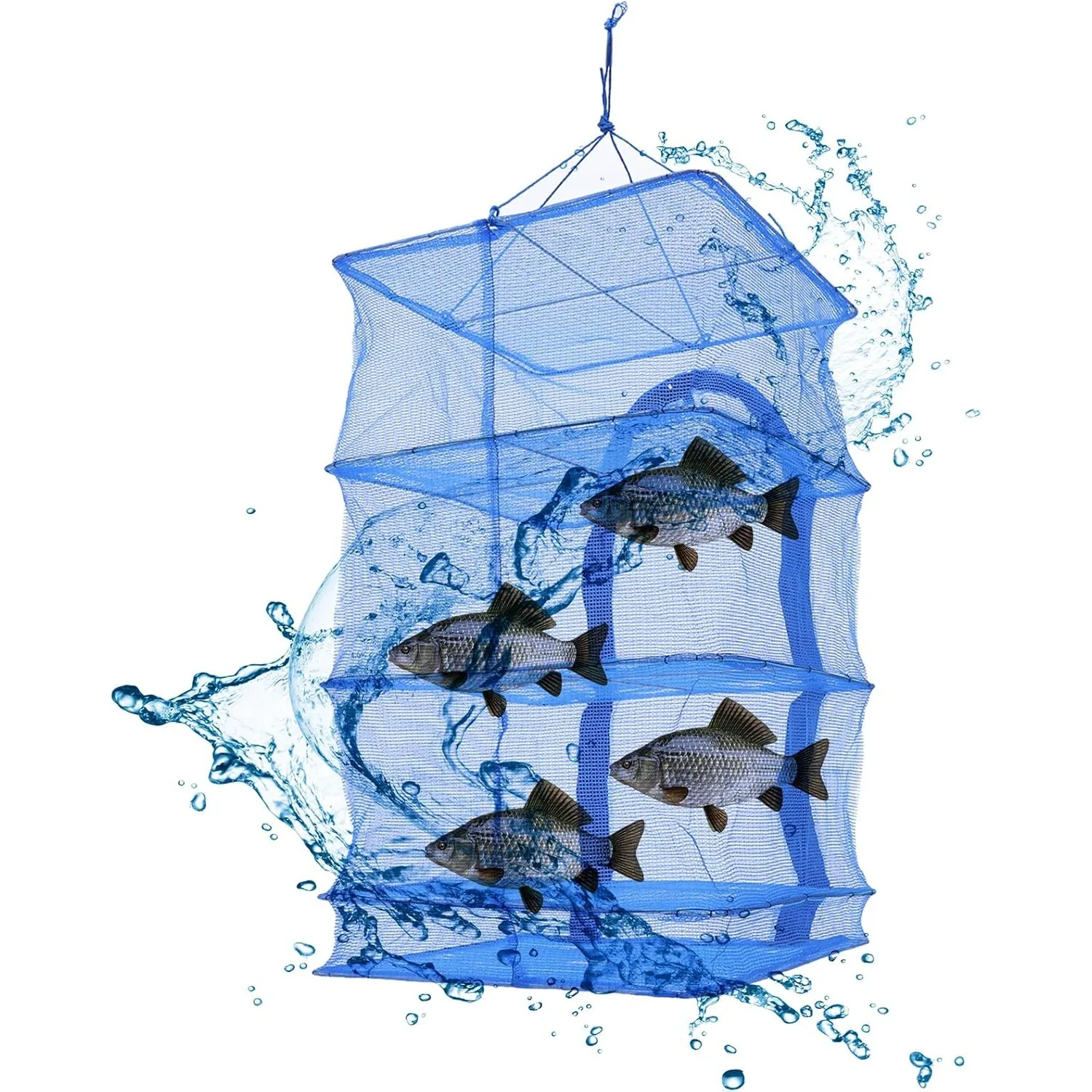 4-lagiges blaues hängendes Trockennetz, zusammenklappbares Netz, Trockner, Obst, Gemüse, Kräuternetz, Garnelen, zusammenklappbares Trockennetz mit doppelten Reißverschlüssen