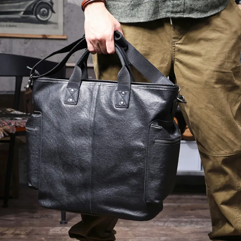 15 Inch Designers Handmade Vegetable Tanned Cowhide Men's Black Briefcase Genuine Leather Women Large Capacity Laptop Handbag