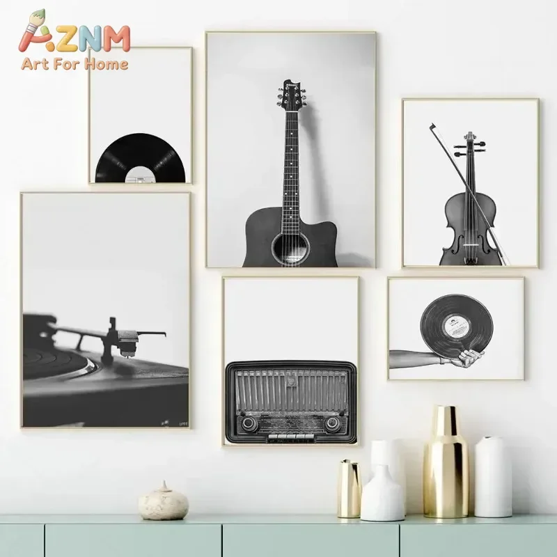 AZNM Black & White Retro Music Canvas Wall Art, Guitar Violin Vinyl Record Cassette Vintage Instrument Print, Unframed Canvas Pa
