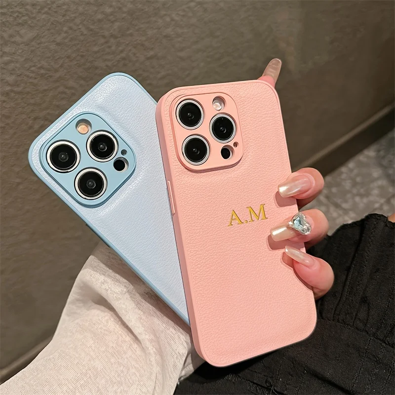 ゴールドシルバーイニシャルレザーPUソフトケース iPhone 17 16 14 13 15 Pro 12 11 Xs Max XR 16 Plus対応 高級カバー