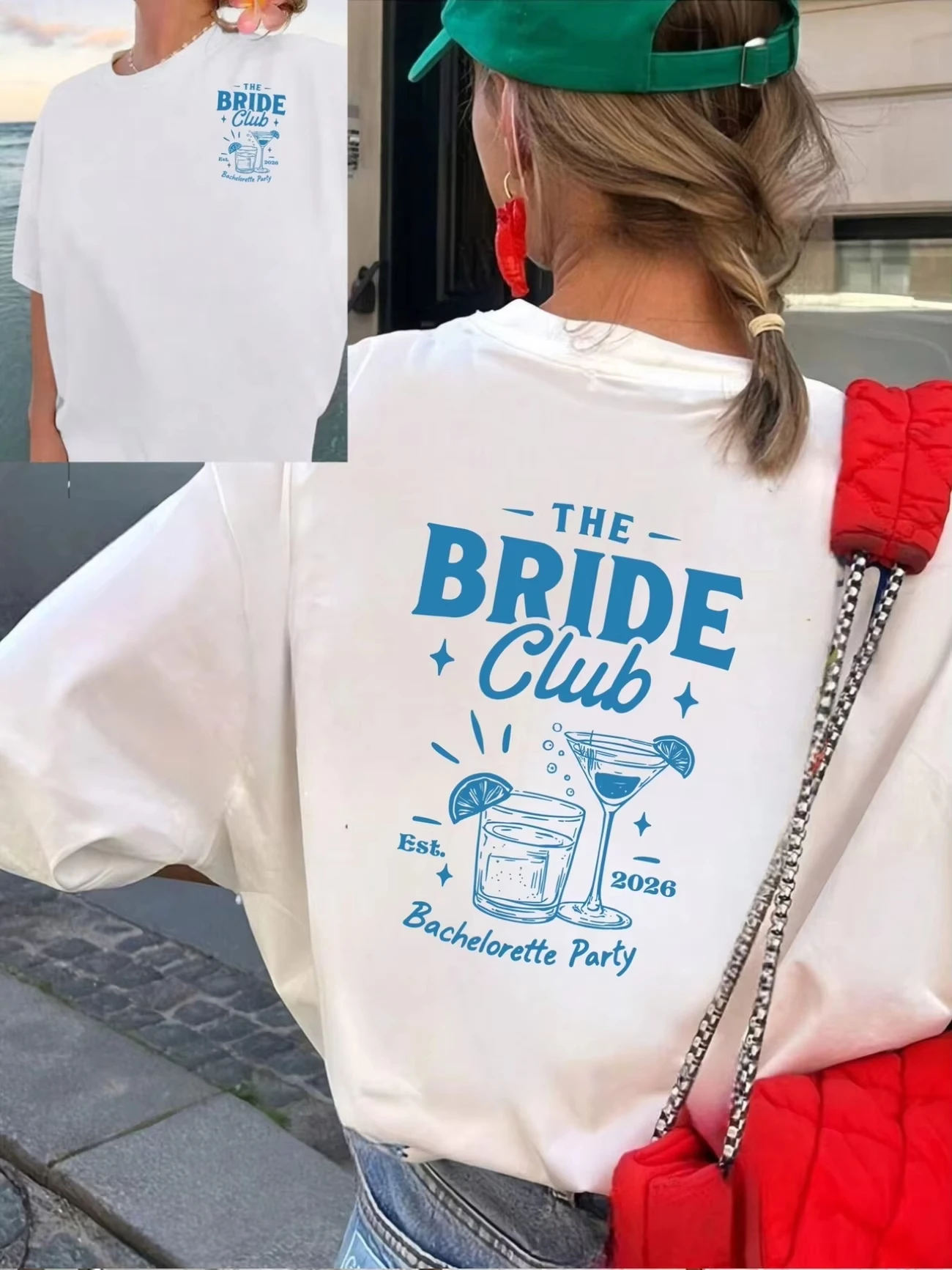 Vintage The Bride Club 2026 Bachelorette Party T-Shirt Aesthetic Cocktail Graphic Double Sided Tee Bridal Shower Party Wear Top