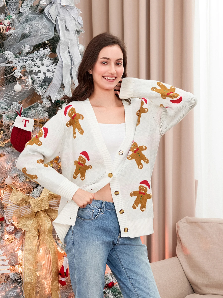 Women s Holiday Reindeer Print Button-up Long Sleeve V-Neck Knit Cardigan Sweater with Ribbed Detailing