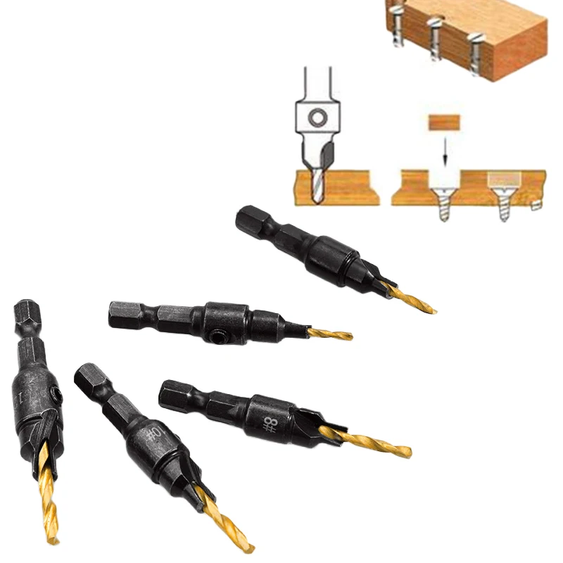 Seau à tige hexagonale universel, outils de chanfrein d'alésage, seau de travail de calcul, tête plombée, jeu de forets, perceuse à trou de vis, 4 pièces