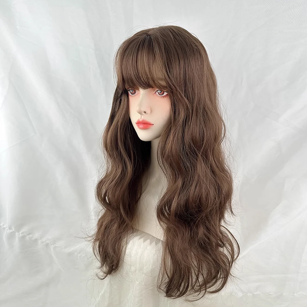 Коричневые синтетические длинные волнистые парики с челкой Лолита Косплей Пушистый женский термостойкий парик для повседневной вечеринки