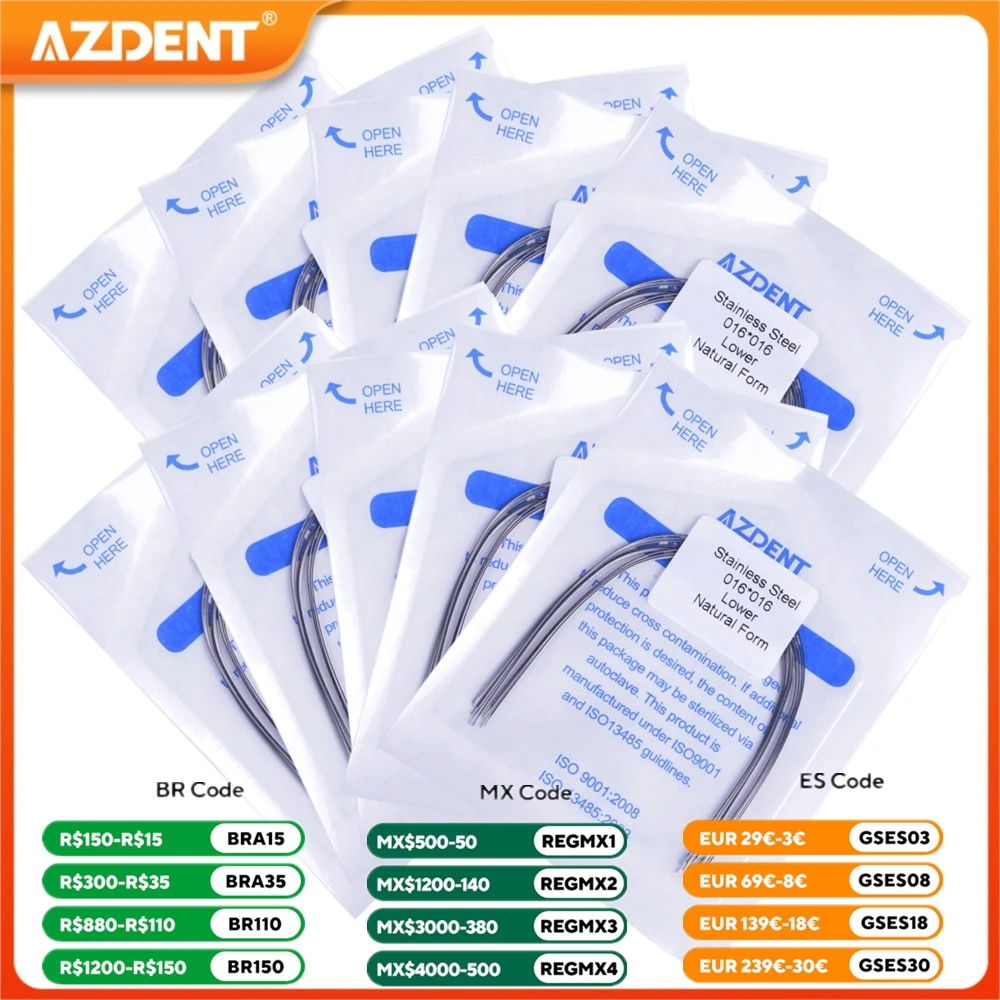 10 paquetes AZDENT Dental ortodoncia de acero inoxidable alambres de arco Rectangular y redondo forma Natural arco superior inferior odontología