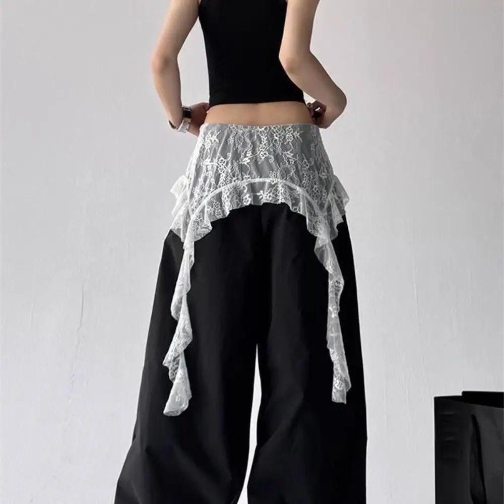 

Embroidered Flower Lace Mini Skirt Irregular See Through Ruched Skirts Lace-up Design High Waist Pleated Skirts