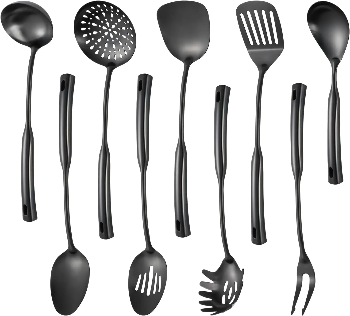 

9-Piece Stainless Steel Kitchen Utensil Set - Skimmer, Ladle, Spaghetti Server, Wok Spatula, Spoon & Turner (Black)