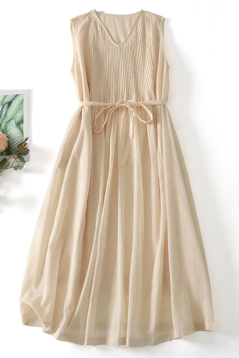 Estilo japonês cor sólida rendas até plissado sem mangas vestido feminino casual emagrecimento linho midi saia a linha vestido de verão n915