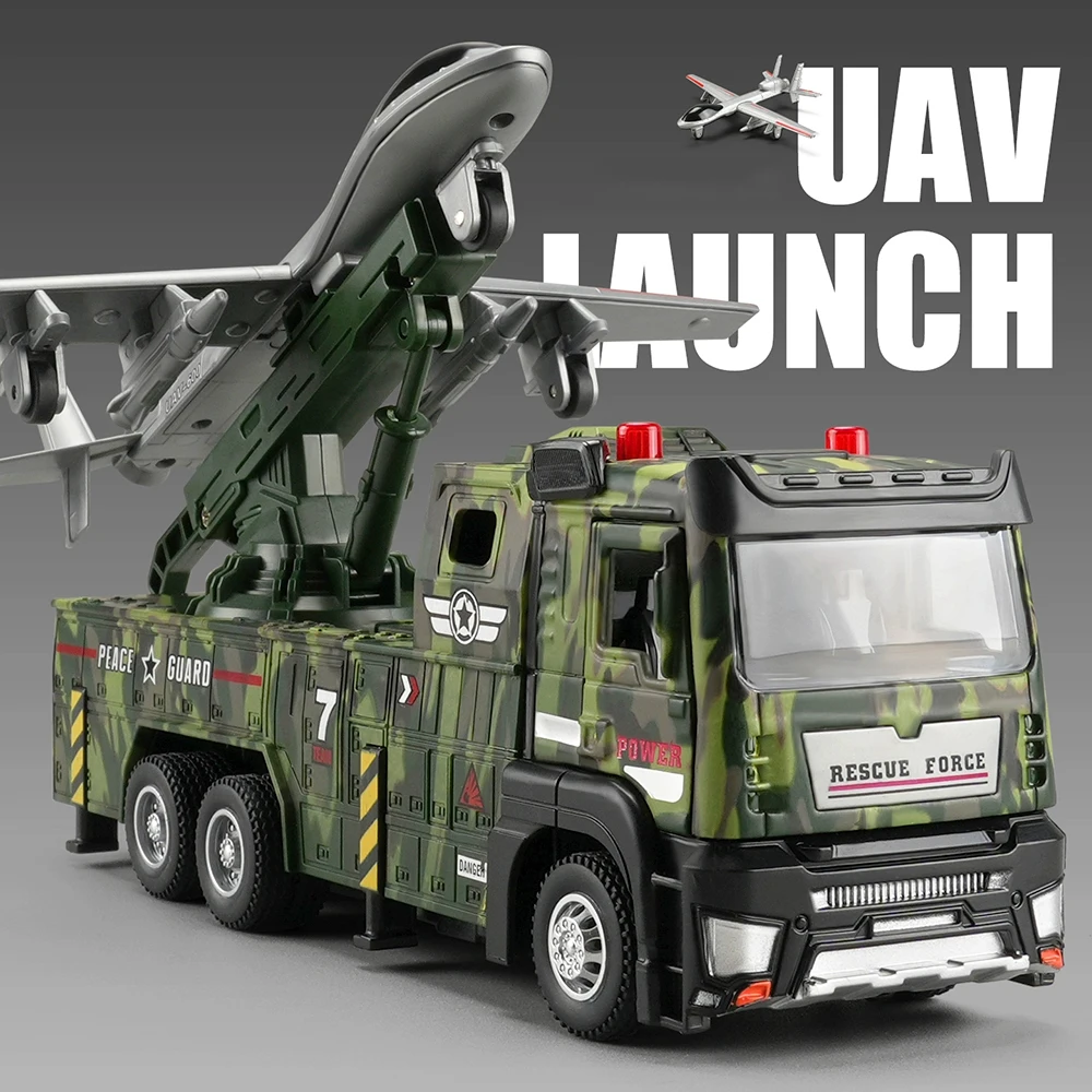 1:32 Drone Launch Vehicle Model Toy Metal Diecast Miniature Tank Transport Car Sound Light Doors Opened Pull Back for Boys Gifts