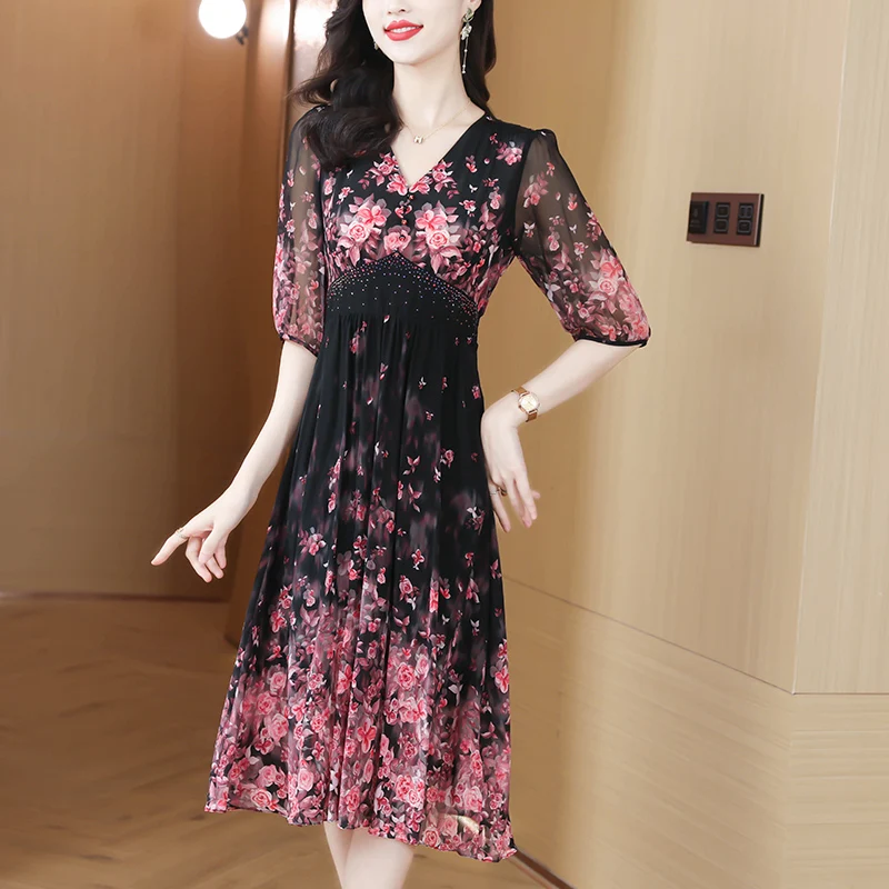 

2025 Summer Floral Chiffon Elegant Casual Beach Dress Silk Chic V-Neck Casual Long Dress Women Korean Bodycon Party Night Dress