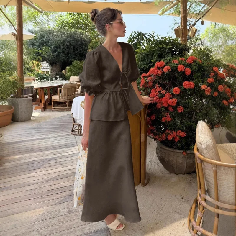 Women 100% Cotton Skirt Set V Neck Lace Up Blouse Bubble Sleeve Top And Maxi Skirt Two Piece Outfit Summer Casual Holiday Wear