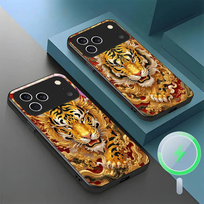 For iPhone 17 Pro MAX Magnetic Glass Phone Case Modern China Chic Tiger pattern Design Dust protect Cover