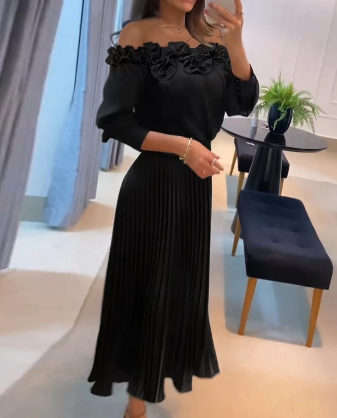 Women's Elegant Dress 2024 Spring Summer Latest Casual Off Shoulder Frill Hem Pleated Midi Dress Long Sleeve Button Long Skirt