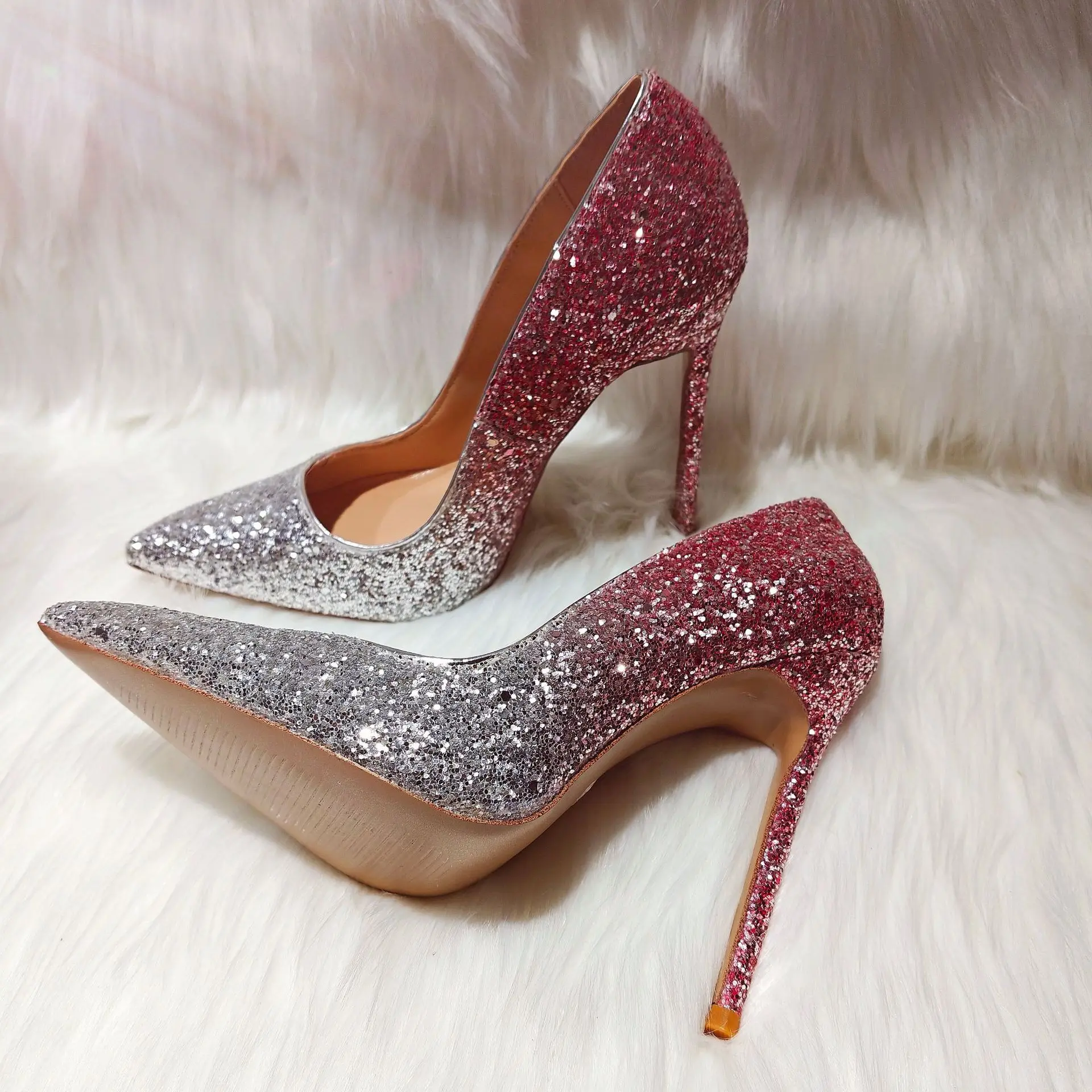 

Pink Silver Gradient Sequins Pumps 12/10 /8 cm Bling Bling Pointed Toe Stiletto High Heel Shallow Glitter Shoes for Women