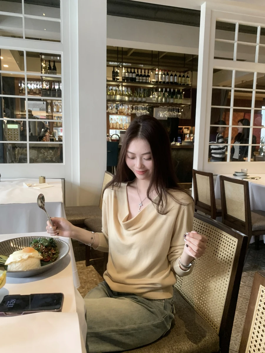 

Two-Way Wear Ruched oulder Knitwear Loose Fit Simple Sle Women's Spring Faion Casual Comfortable Soft Fabric