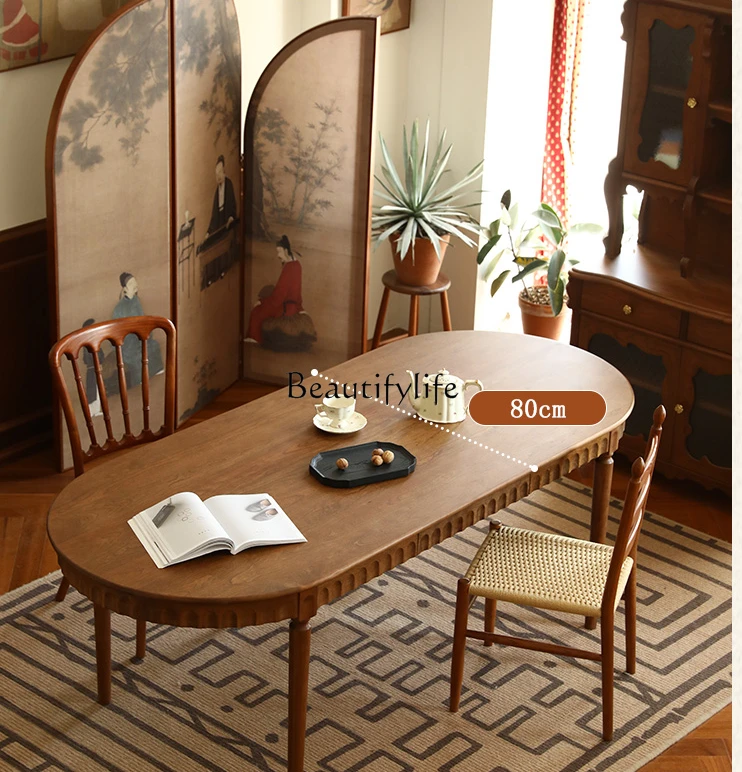 Mesa de comedor Retro francés de madera maciza, escritorio de escritura antiguo mediano, placa de piedra elíptica