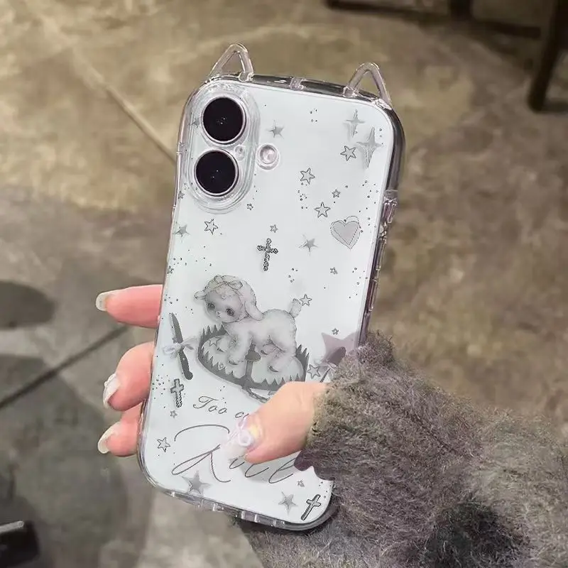 Capa de Celular Transparente com Estampa de Anjo Estética Fofa para iPhone 17 16 15 14 13 12 Pro Max Mini, Capa Protetora Antichoque com Orelhas de Gato