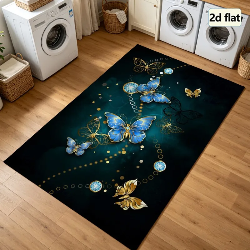 1 Piece of Ornate Blue Gold butterfly Gem Motif Carpet, Soft and Comfortable, Suitable for All Seasons, lightweight and Easy to Care, Home Decor, Living Room, Bedroom, Hallway, Autumn, Winter
