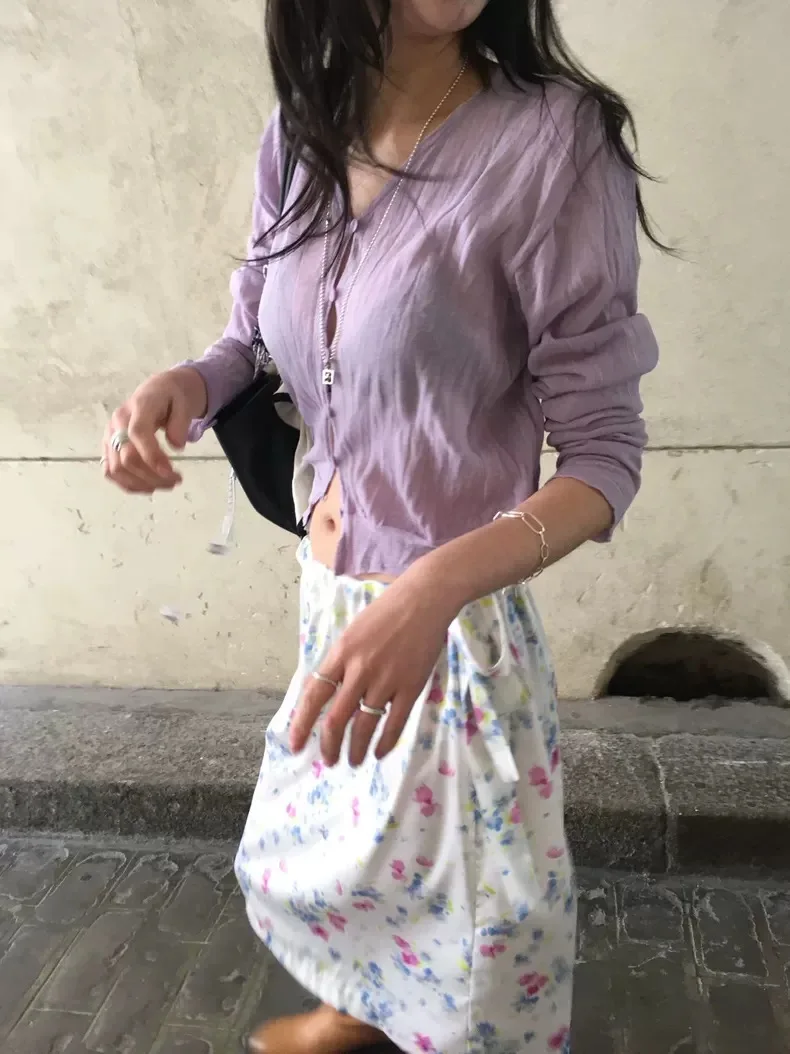 

Summer 2026 Dongda Pink Floral Print Blouse Cardigan Belted Half Skirt Set Two Piece Korean Style Women's Fashion Ensemble