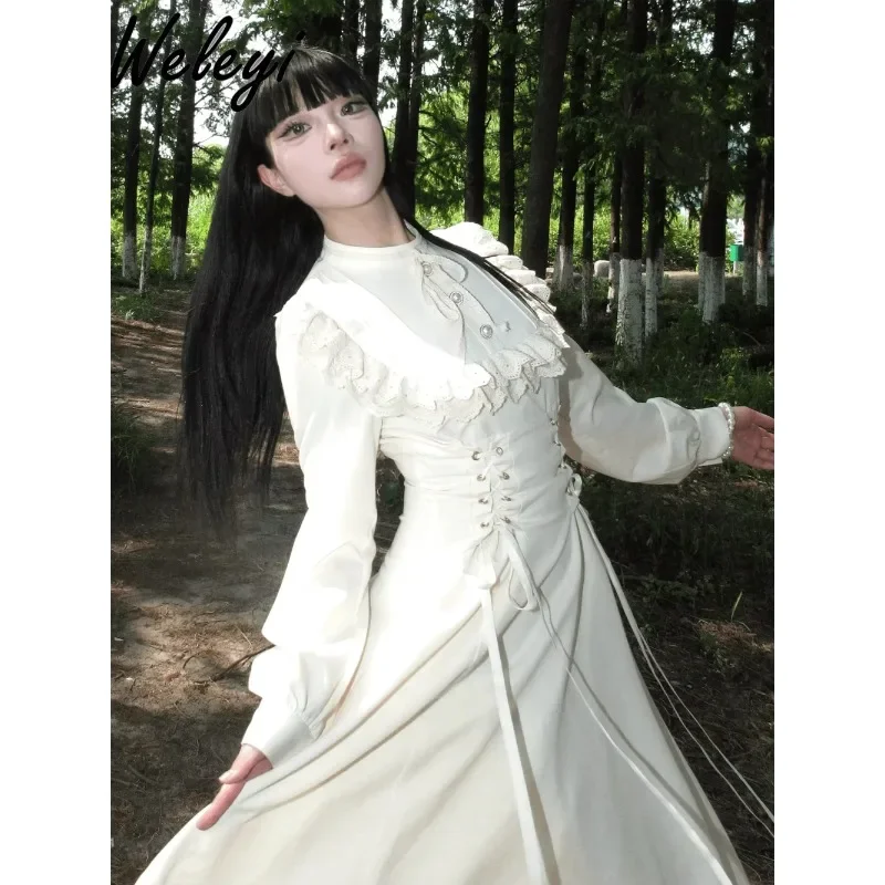 

Original Lolita Retro Off-white Long Dress Female 2024 Autumn Winter New Elegance Woman Slimming Waist Lace Big Swing Dresses