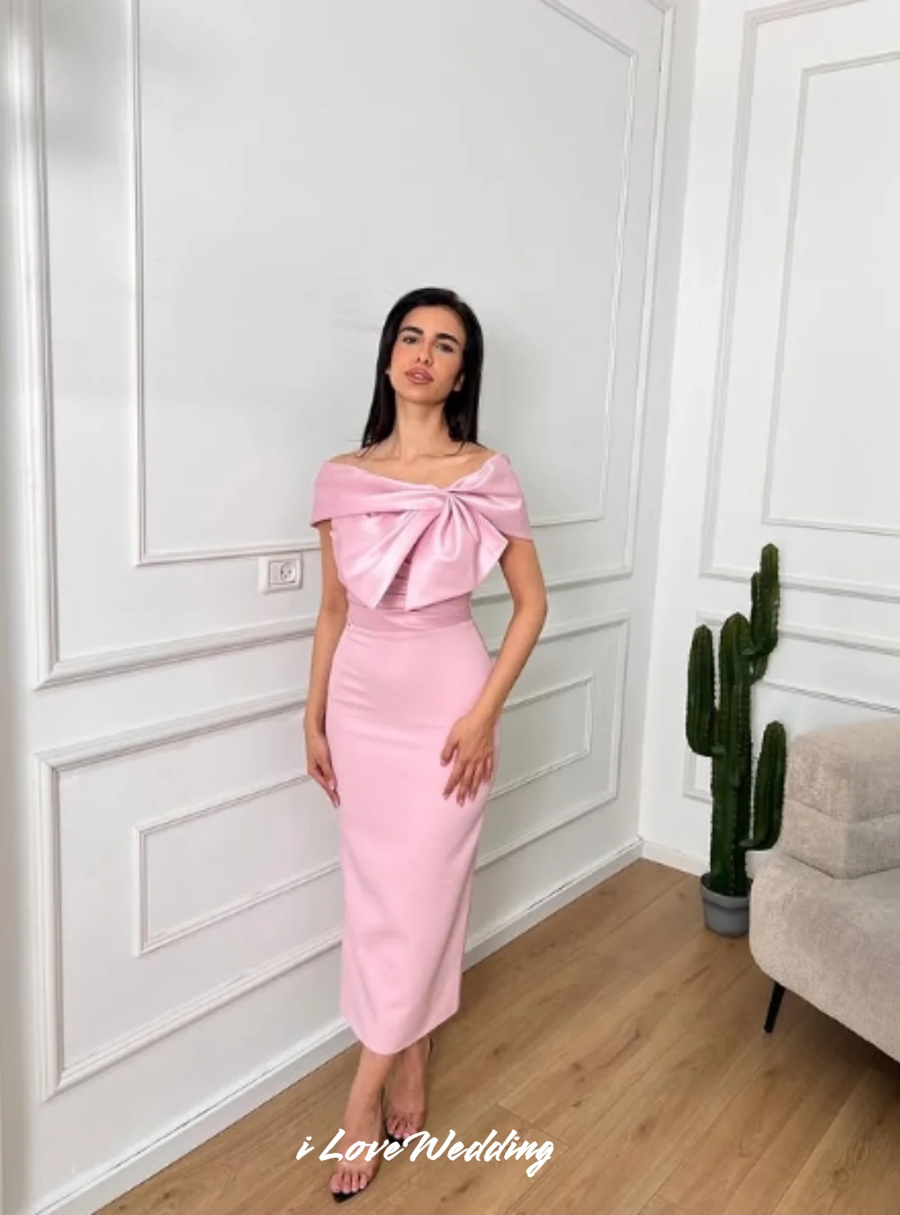 Pink Bow Off Shoulder Evening Dresses 2025 Strapless Pleated Backless Mermaid Split Tea-length Wedding Party Dress Customized