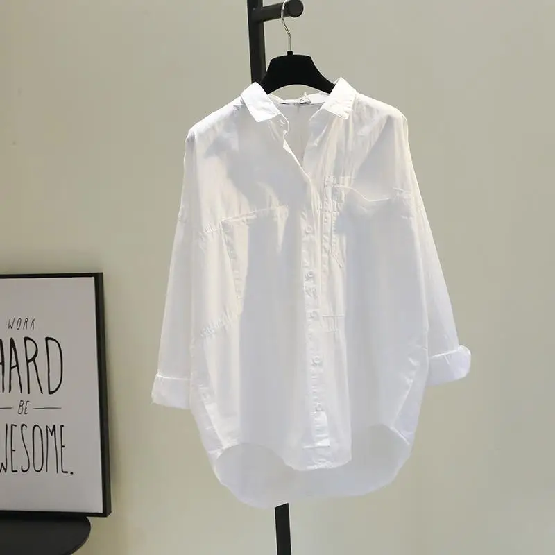 

Women's Clothing Summer Solid Color Korean Style Loose Fit Artistic Casual Shirt with Double Pockets High-Low Hem White Cotton