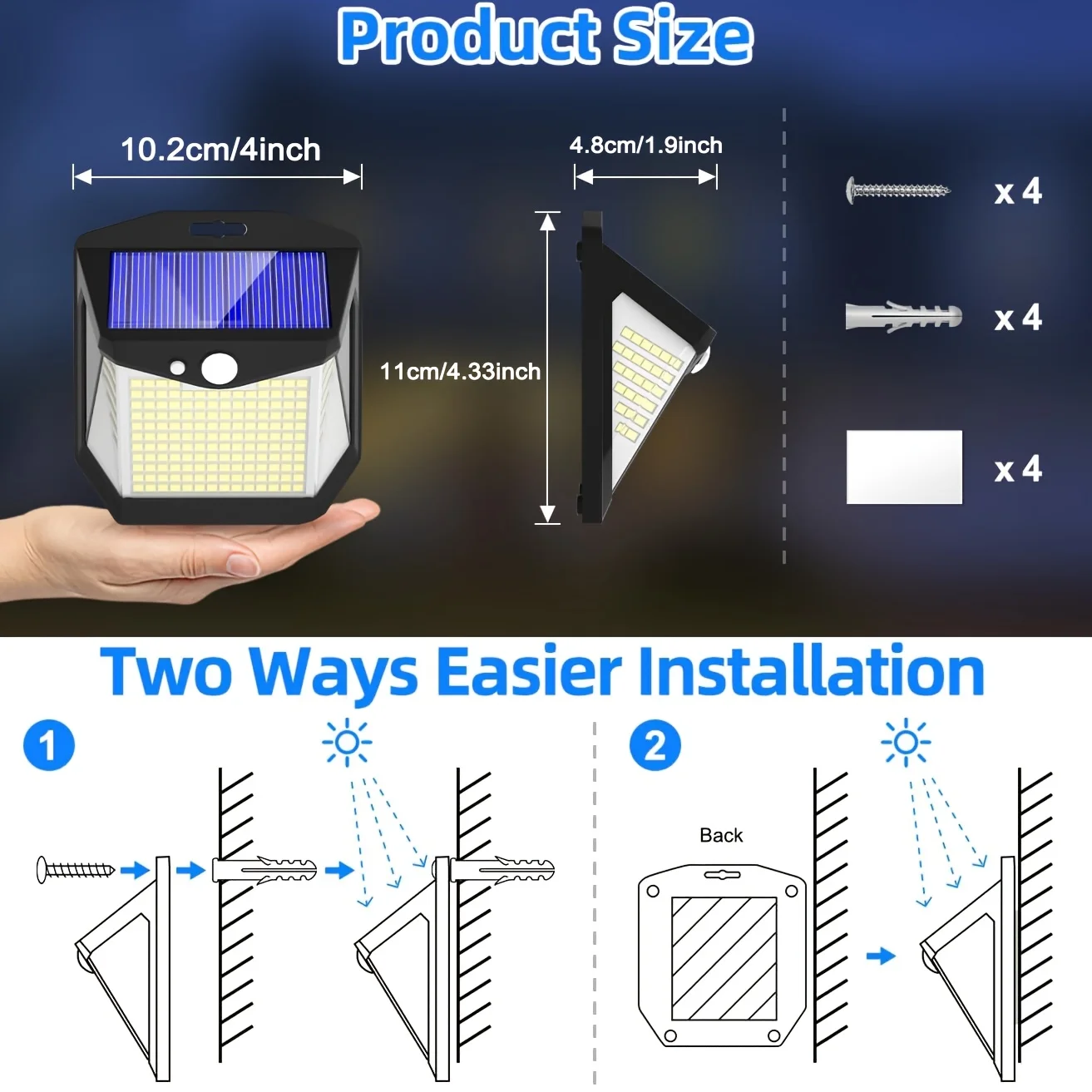 2/4PCS Outdoor Solar Lights with 248 LED Motion Sensor Light 3 Modes 270°Wide Angle Waterproof Solar Street Lamp for Yard Garage