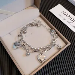 Ins Double-layers Korean Heart Tassel Bracelets For Women Stainless Steel Thick Chain Beaded Bangle Hiphop Bracelet Jewelry Gift