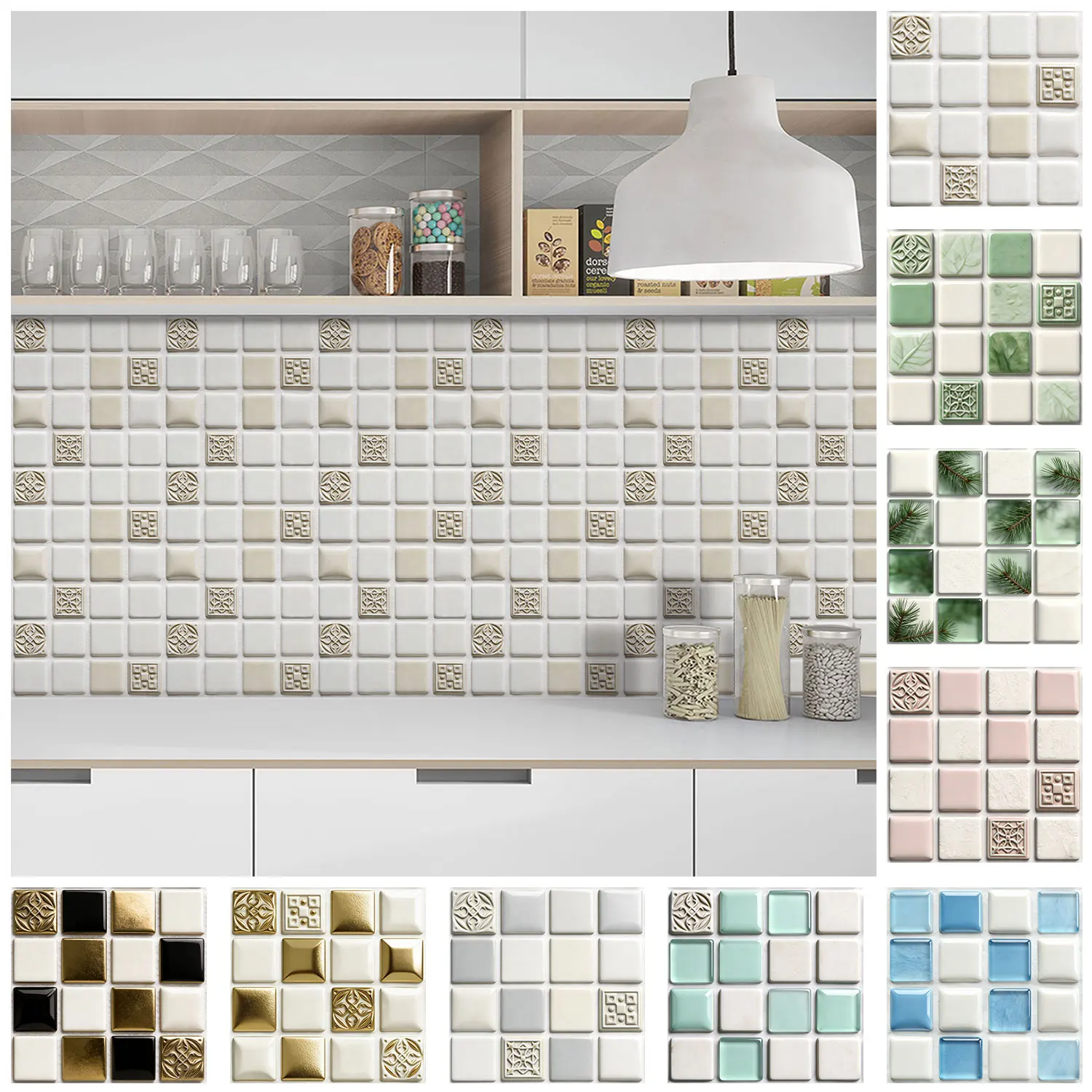 10pcs Flat Mosaic Tiles Sticker Set Kitchen Bathroom Wall Decals Gloss Waterproof Film 2D Surface Cover Transfers for Home Decor